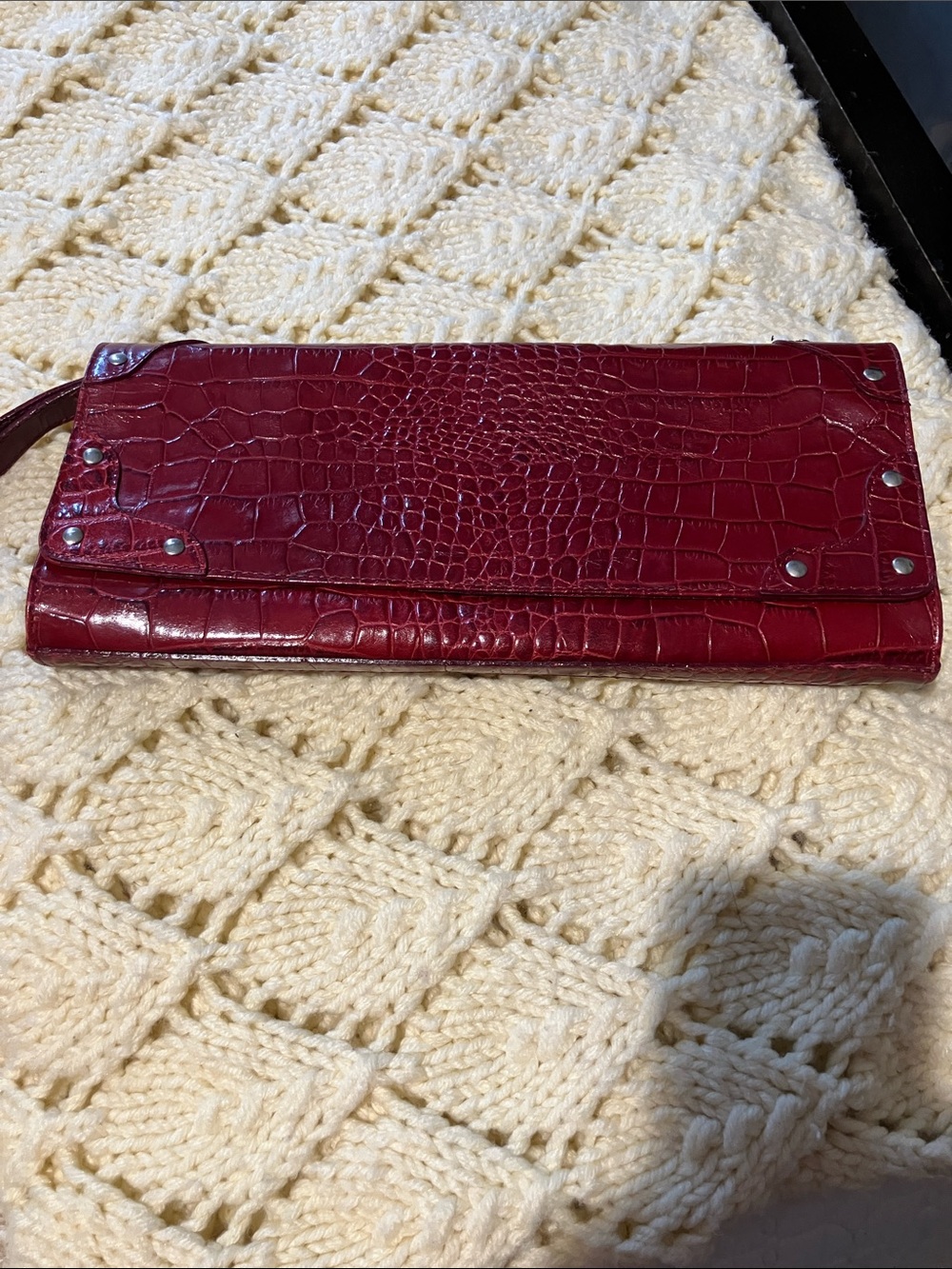 Croc-Embossed Wristlet Clutch in Deep Burgundy